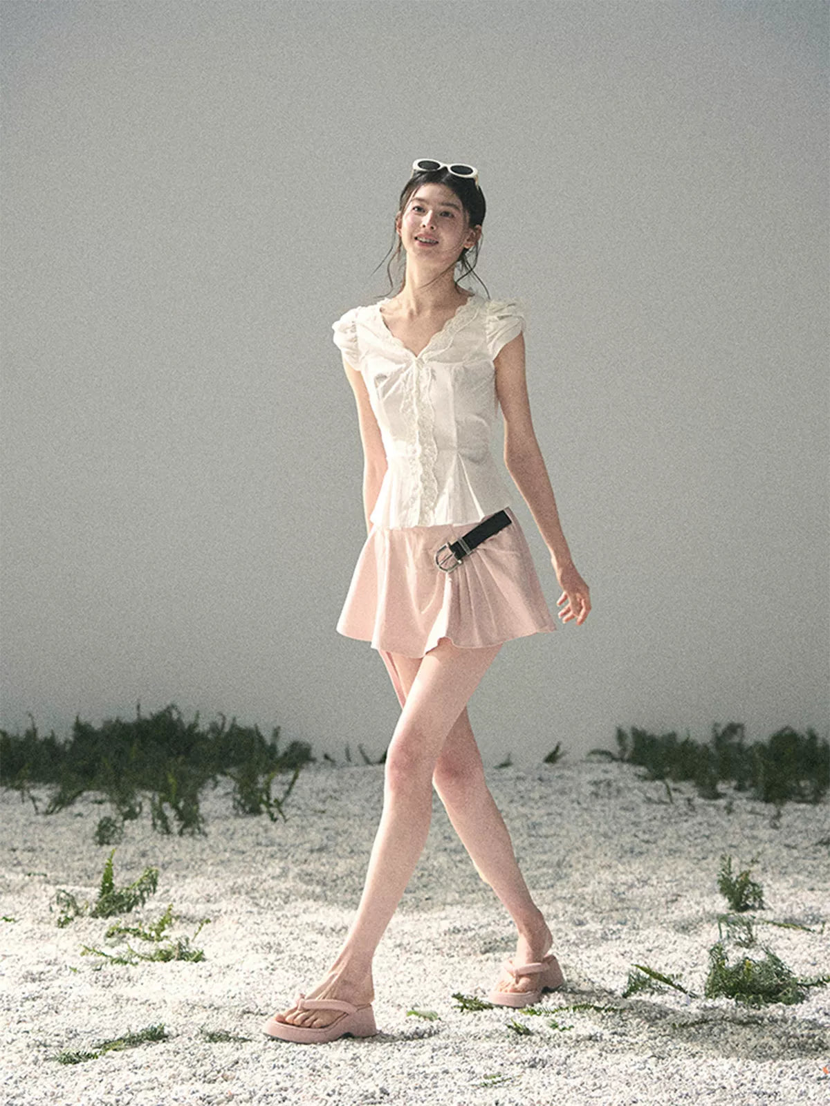 Lace Trim French V-Neck Blouse