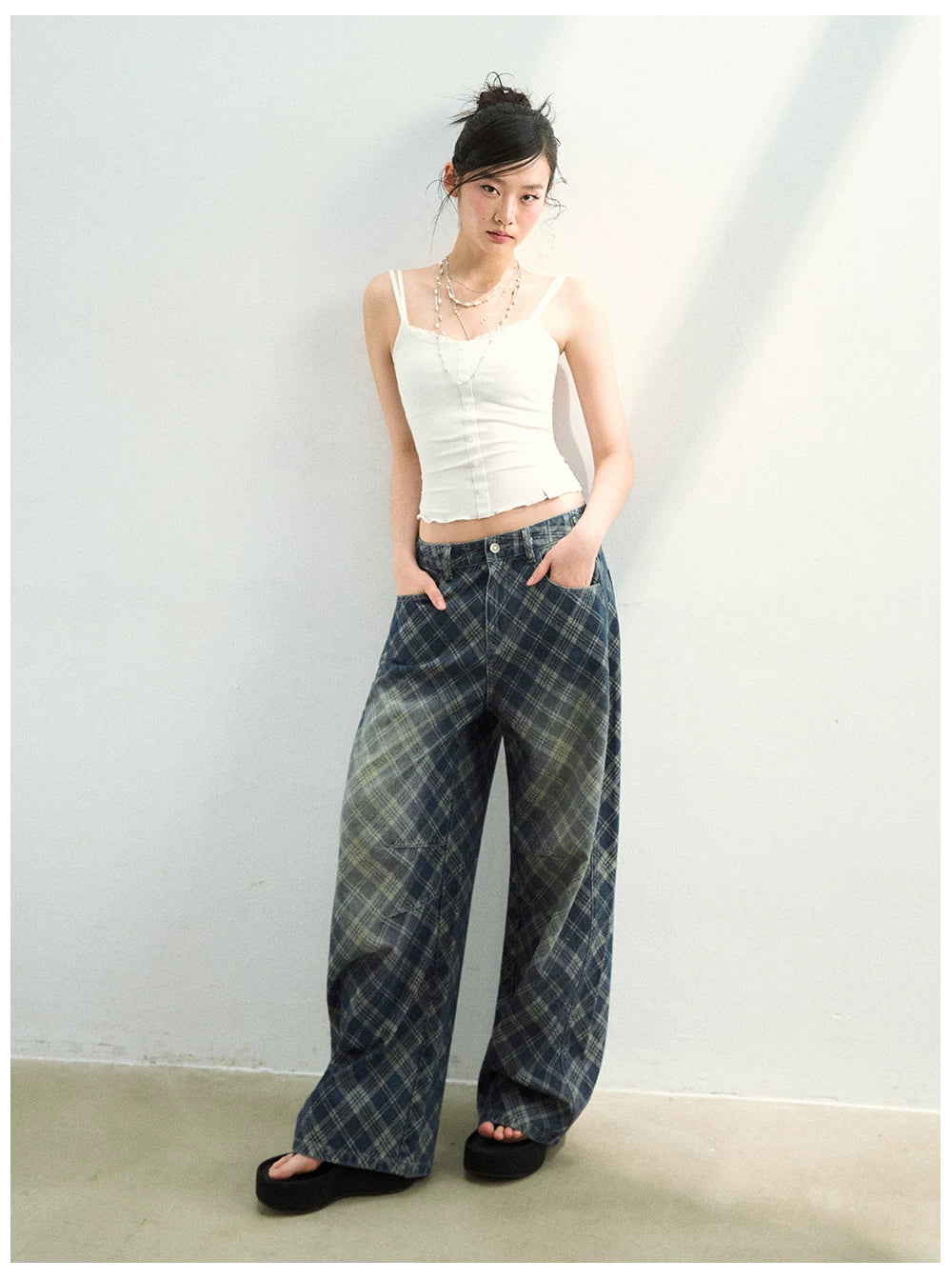 Final Sale:VIA PITTI Vintage Washed Plaid Denim Pants – view 4
