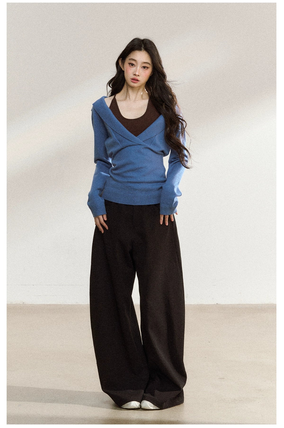 Blue Off-Shoulder Knit Sweater Cardigan - CHINASQUAD