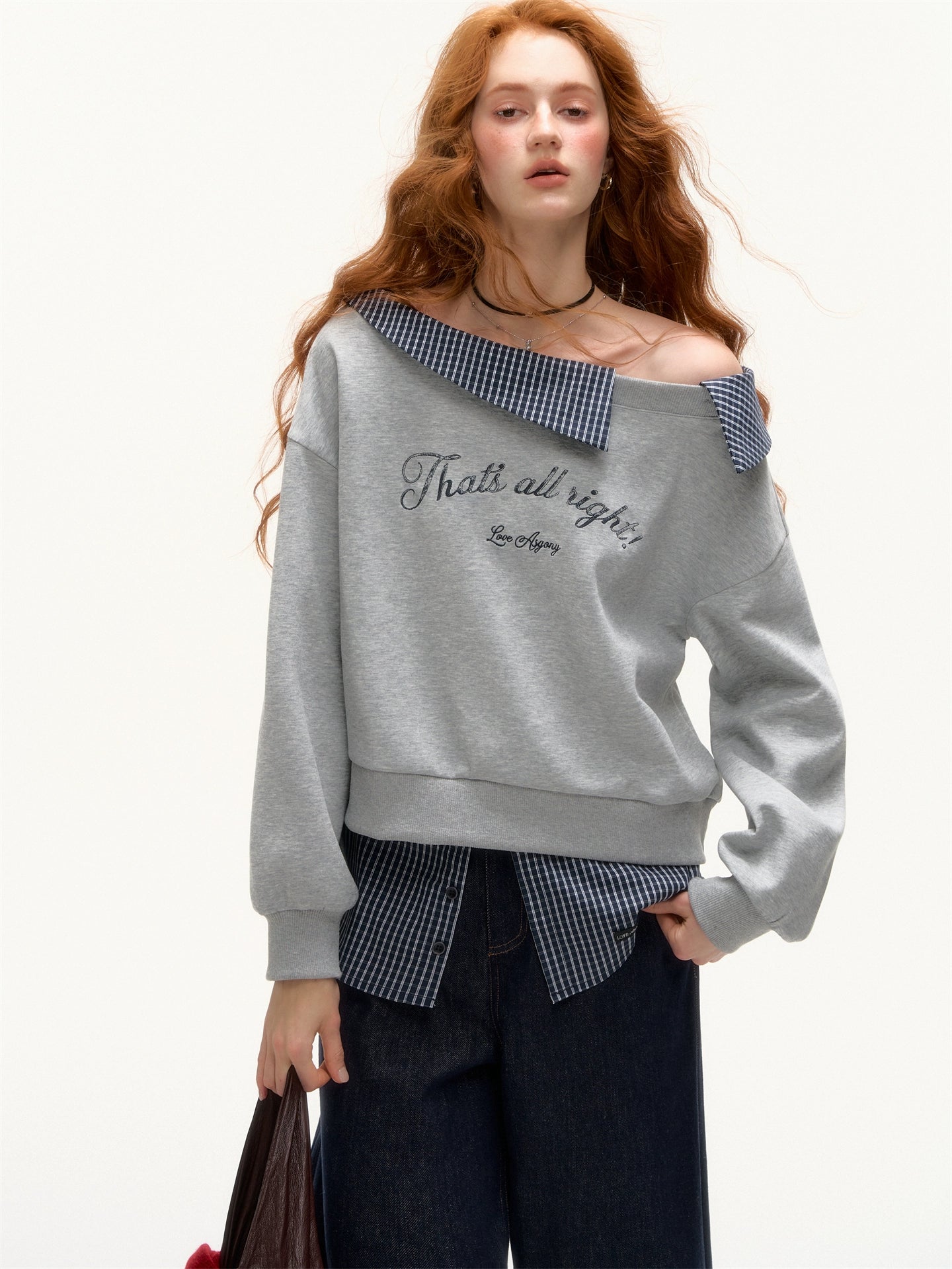 Off-Shoulder Plaid Patchwork Embroidered Sweatshirt - CHINASQUAD