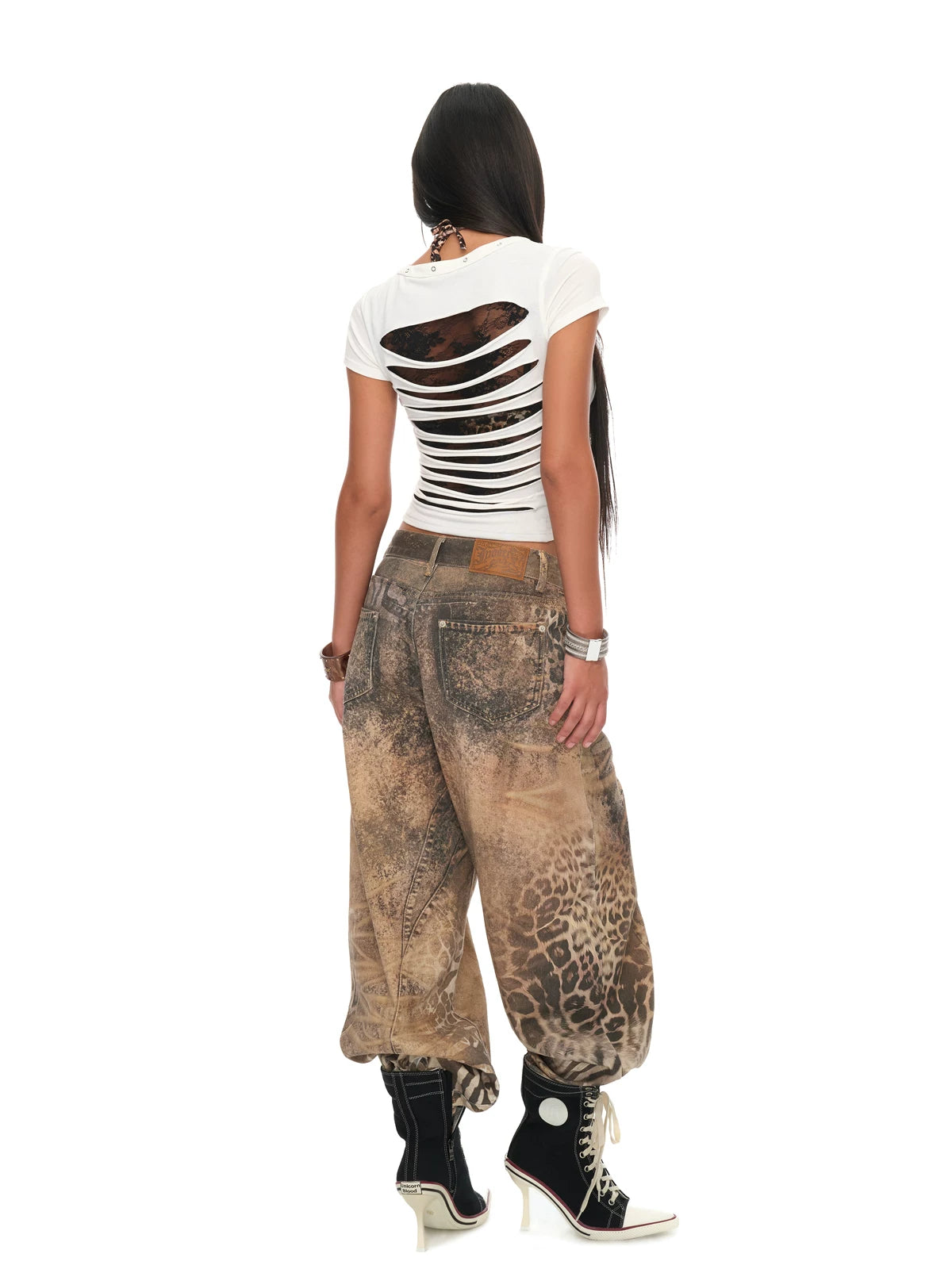 White Sheer Lace Panel Logo Print Slim Fit T-Shirt