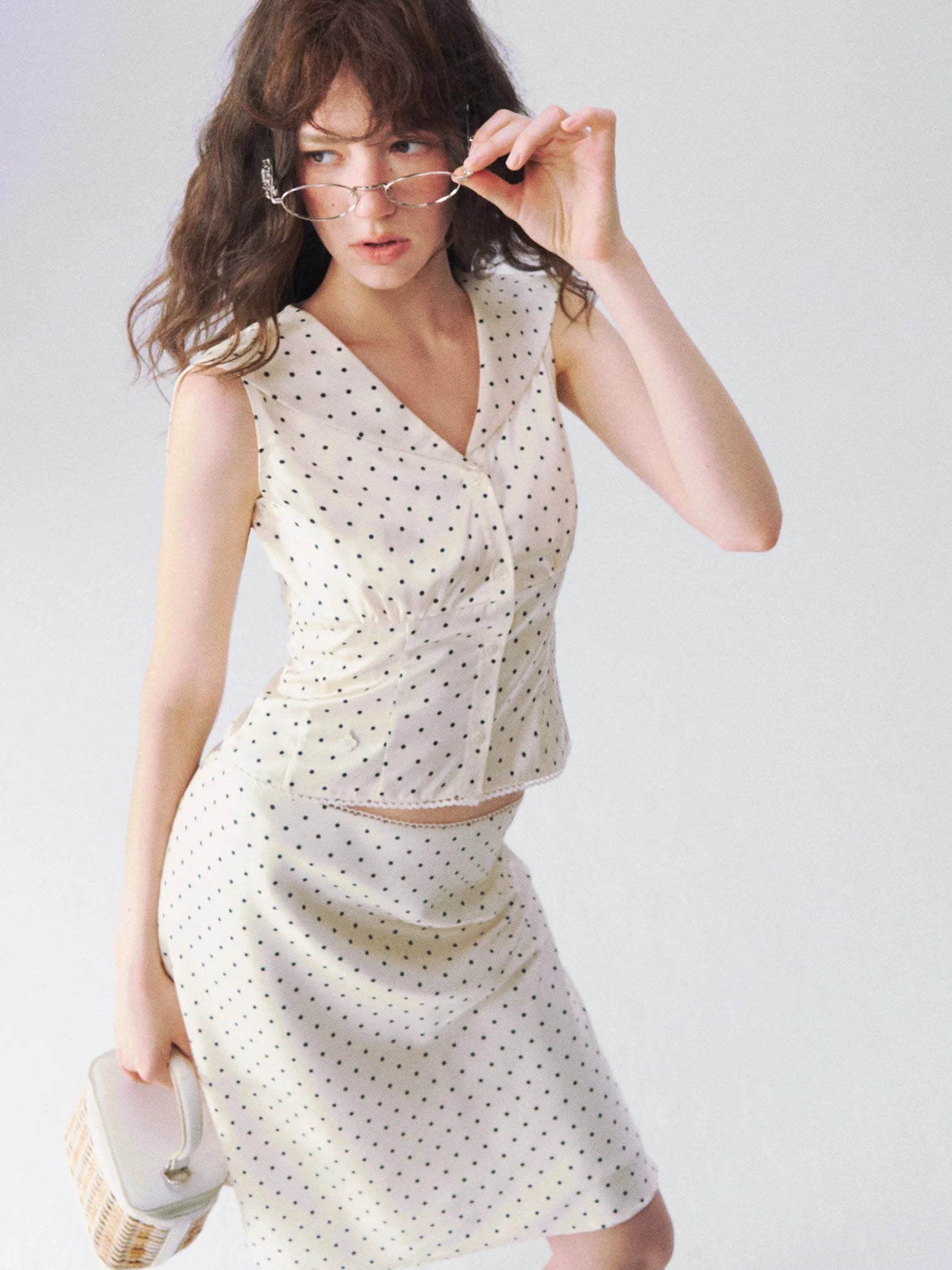 Collar Cinched Top & French A-line Midi Skirt Set