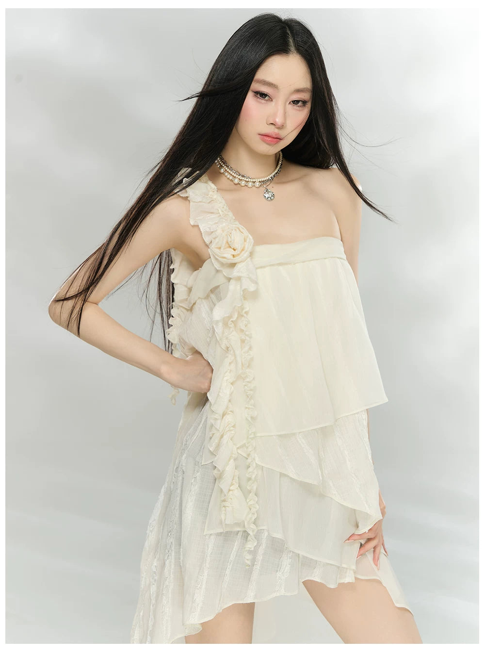 Asymmetric Ruffle Rose Detail Layered Dress