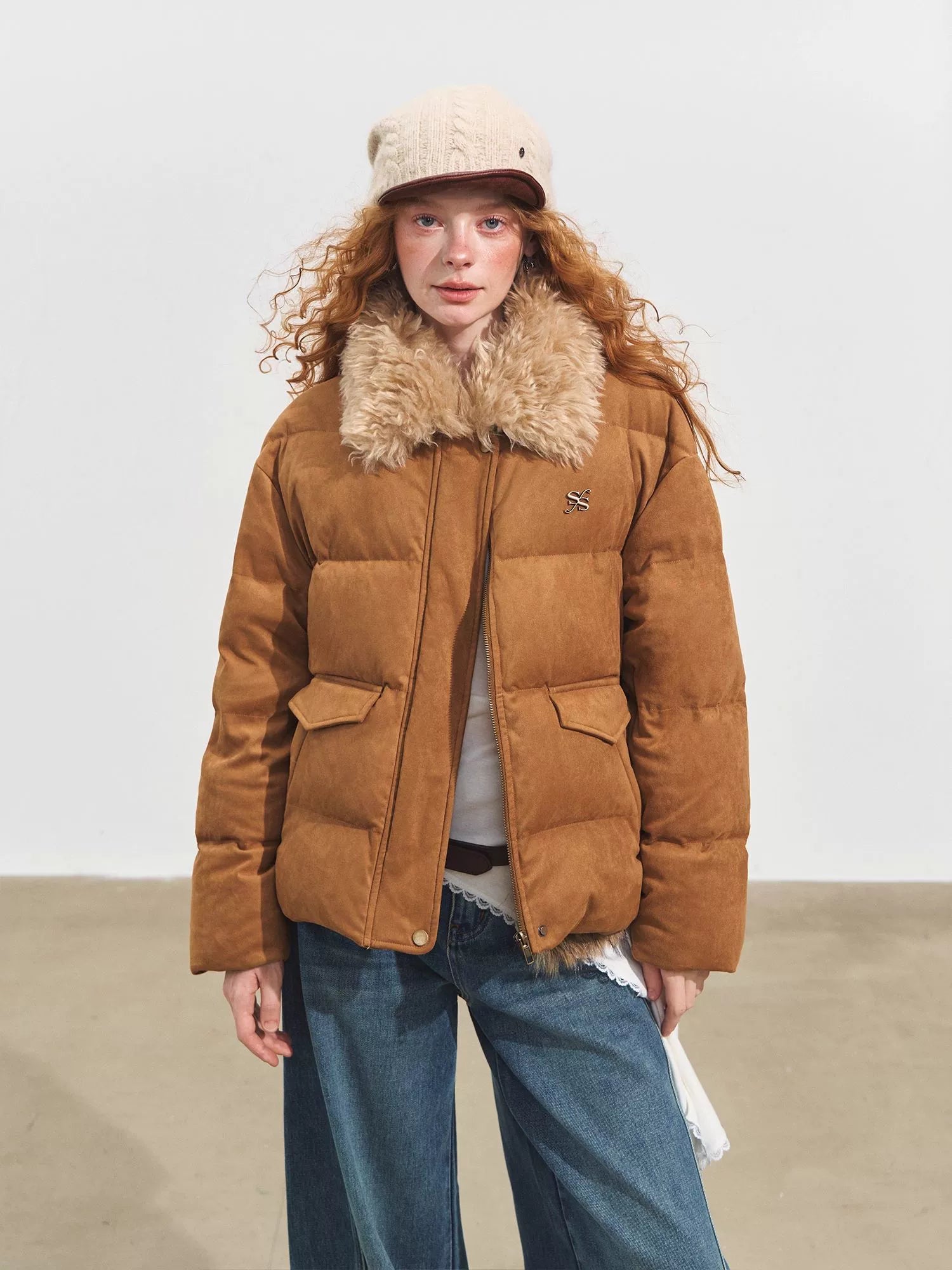 Faux Fur Collar Suede-Panel Down Jacket - CHINASQUAD