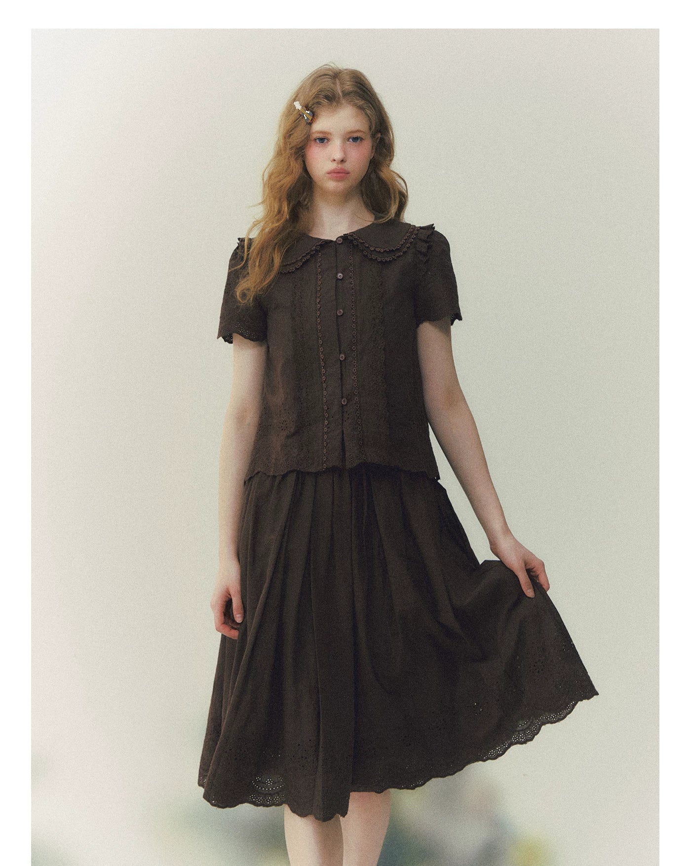 Peter Pan Collar Shirt & Midi Skirt Set