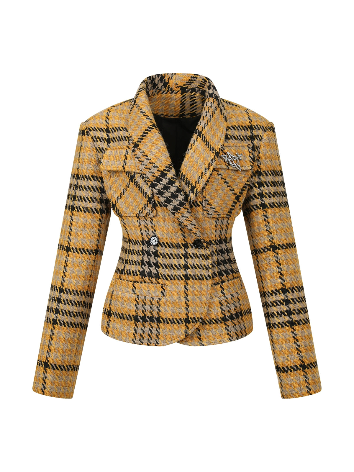 Yellow Plaid Fitted Shoulder-Pad Jacket - CHINASQUAD