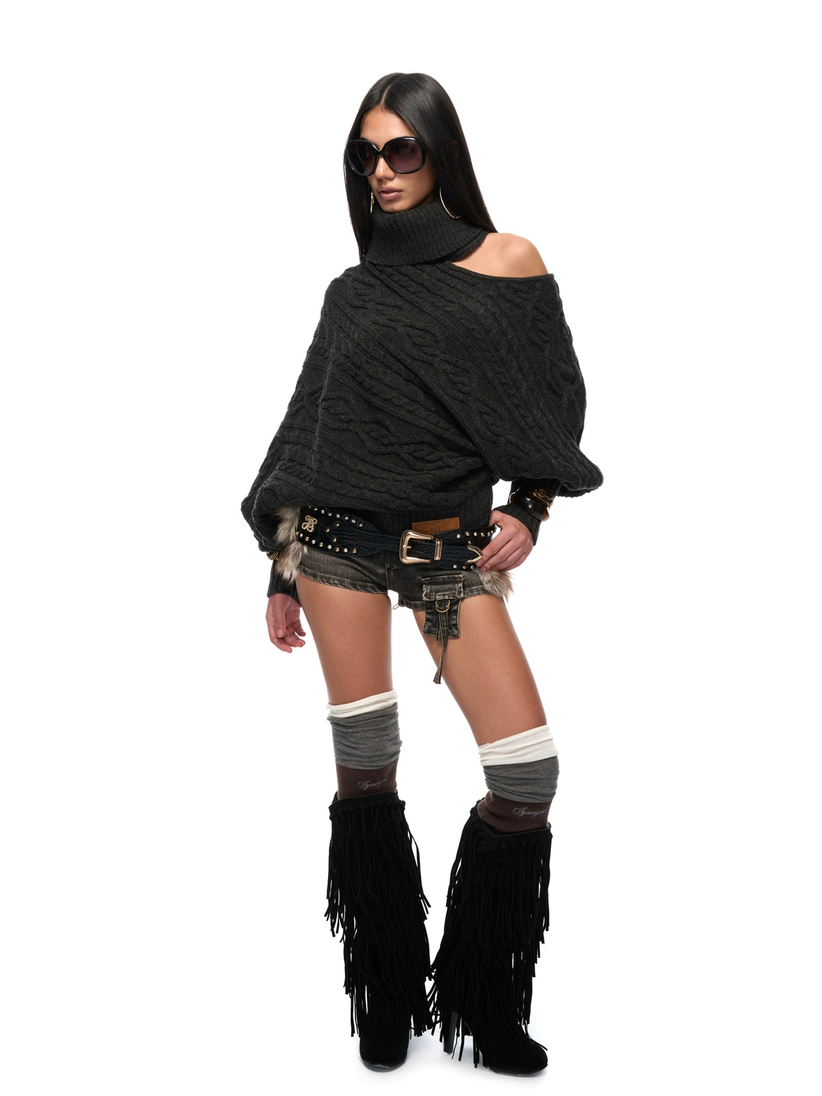 Wool-Blend Batwing Cable Knit Sweater