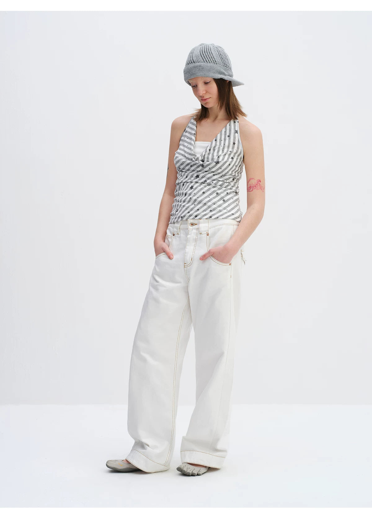 White Relaxed Fit 3D Cut Wide-Leg Denim Jeans