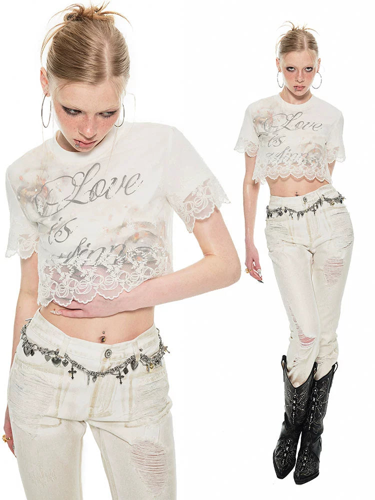 White Lace Faux Two-piece Layered T-shirt - CHINASQUAD