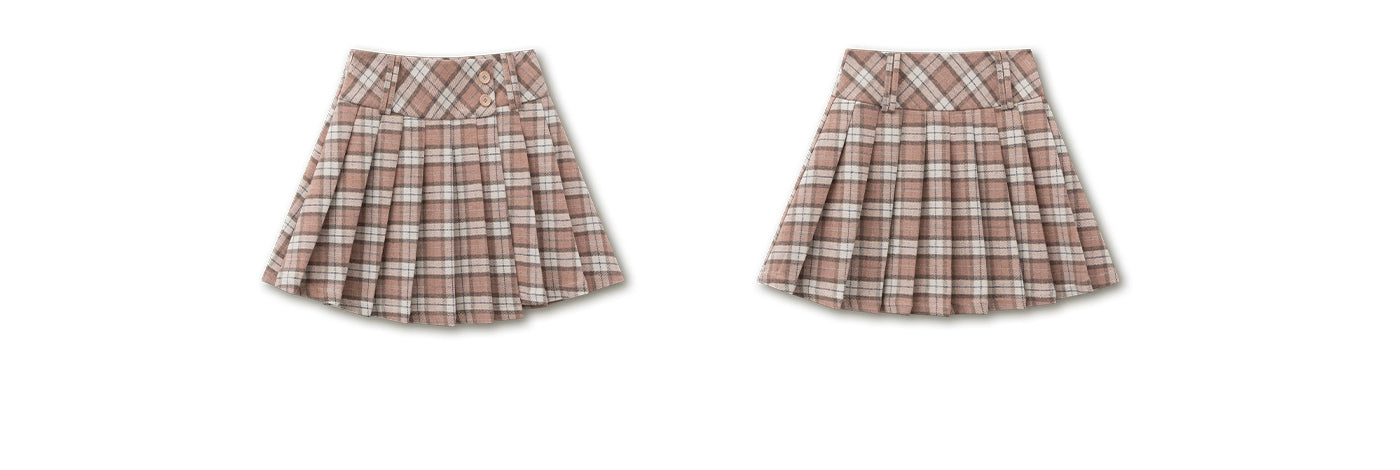 Blush Plaid Wool A-Line Pleated Skirt - CHINASQUAD