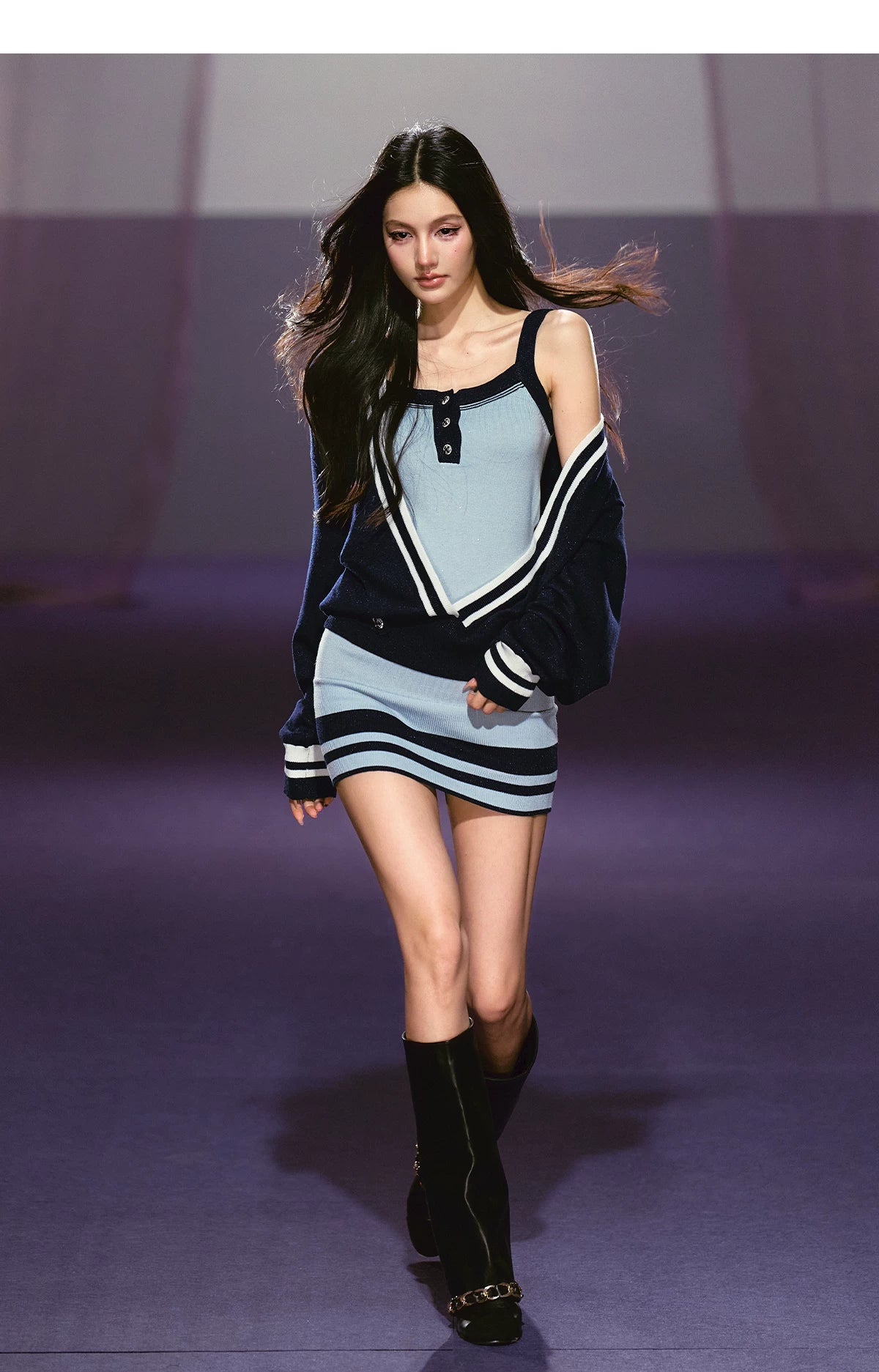 Striped Deep V Knit Dress & Cardigan Set