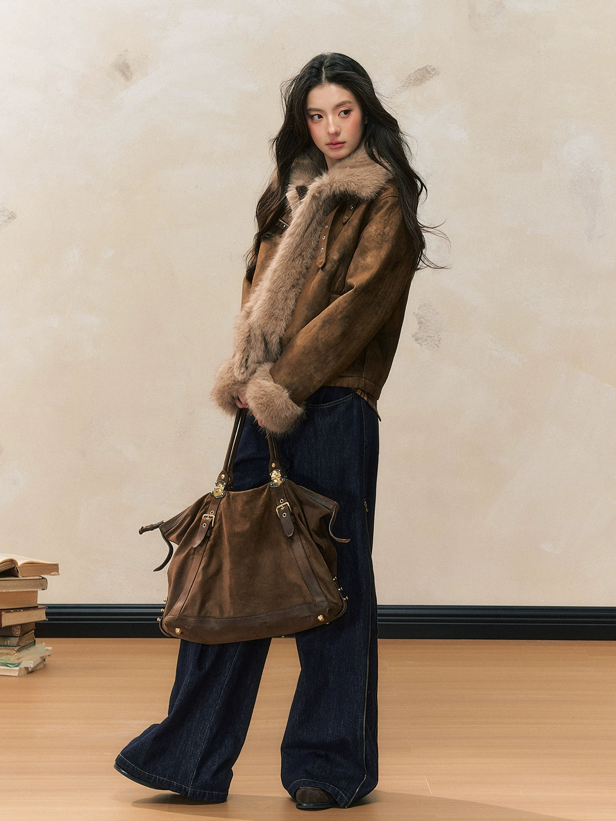 Blue High-Waist Side-Zip Denim Fleece-lined Wide-Leg Pants - CHINASQUAD