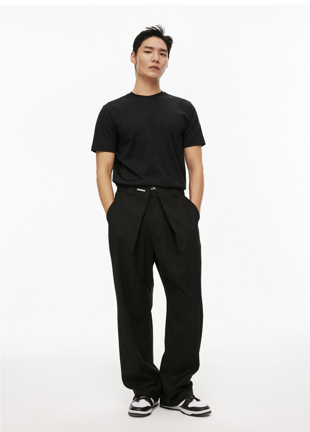 Black Fold Placket Loose Trousers - CHINASQUAD