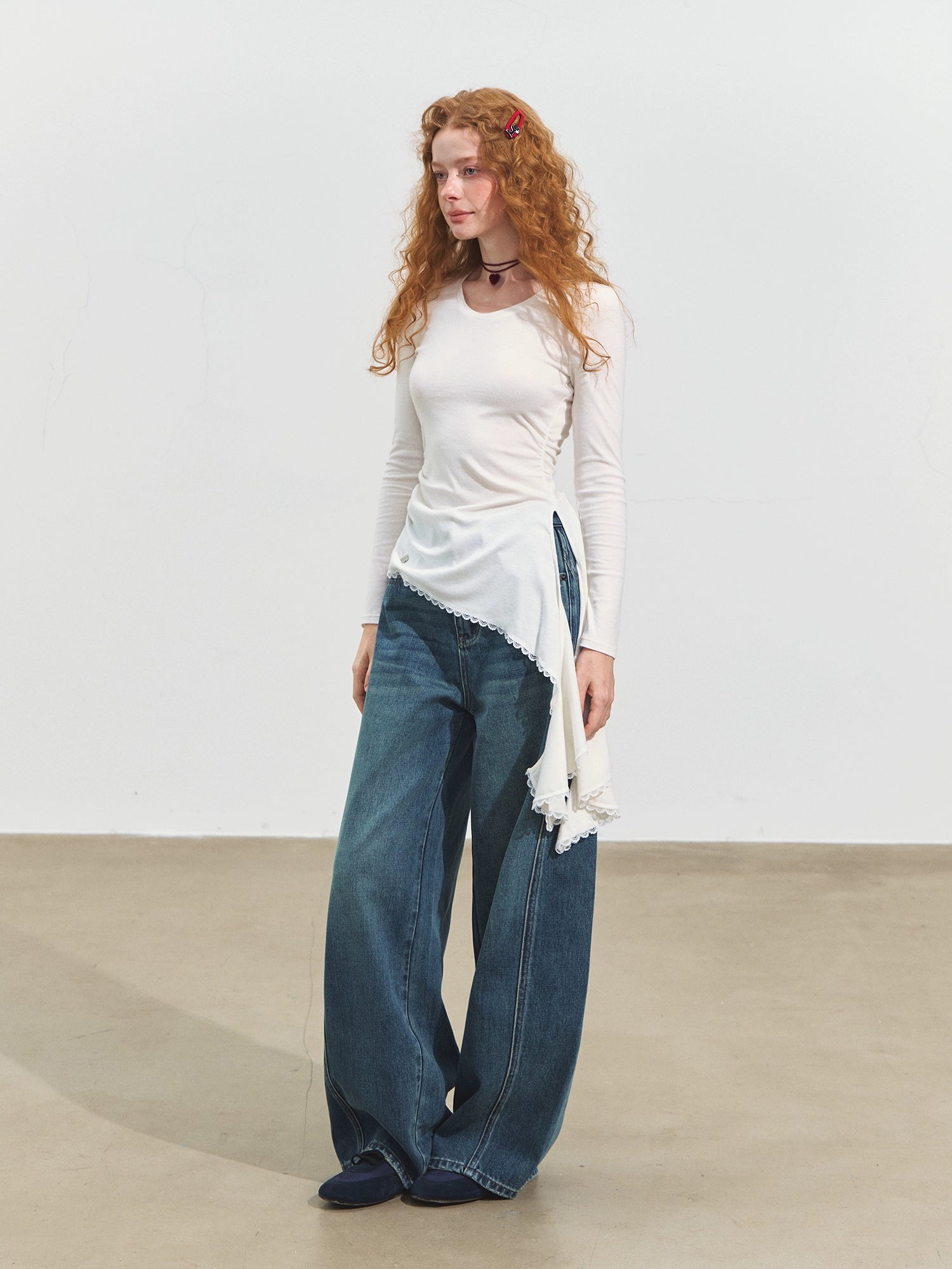 3D Seam Wide-Leg Crescent Denim Pants