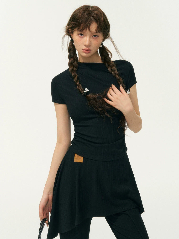 One Shoulder Irregular Slanted Pleat T-shirt & Pants Set - CHINASQUAD