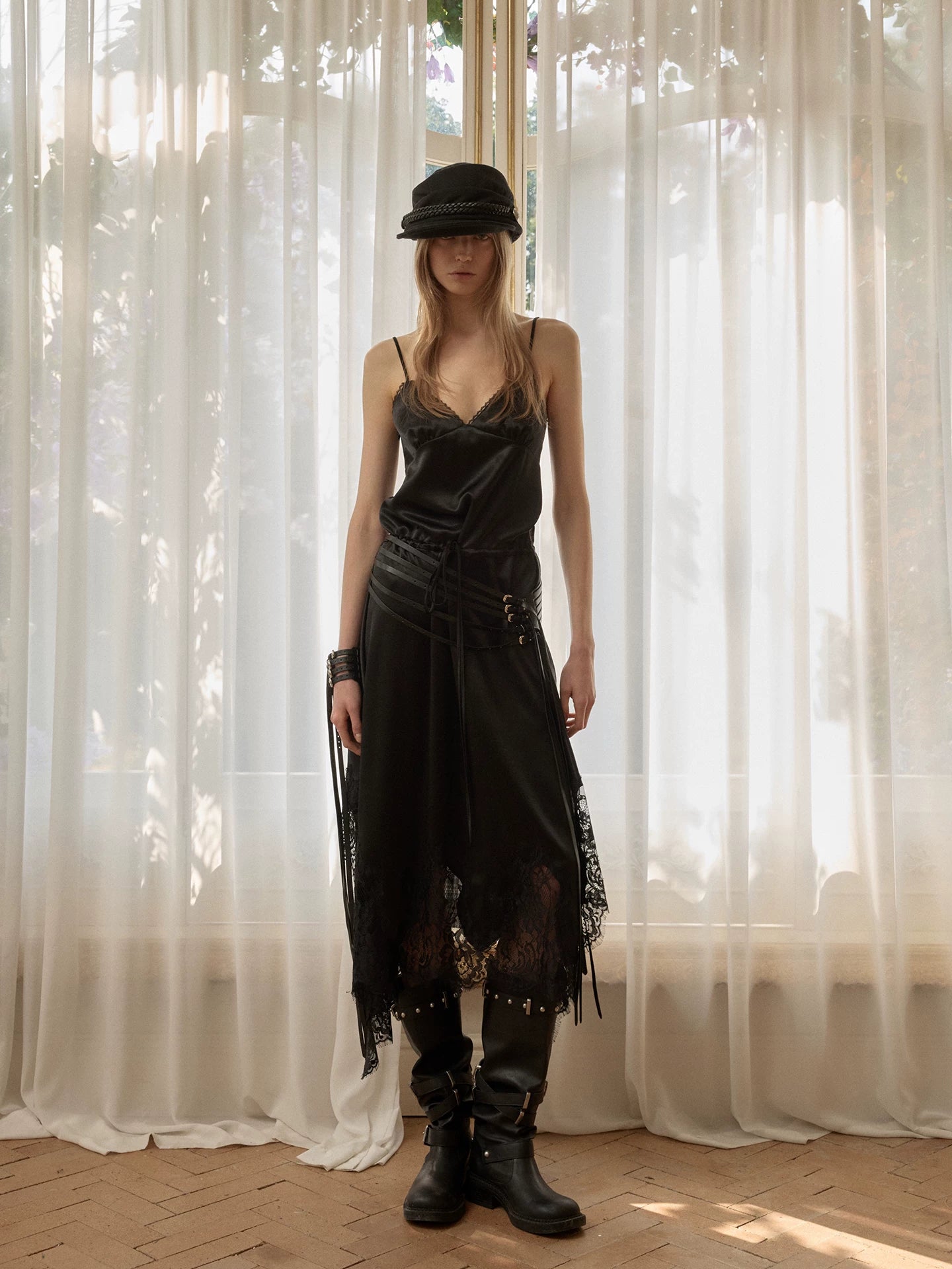 Lace Patchwork Plaid V-Neck Slip Dress