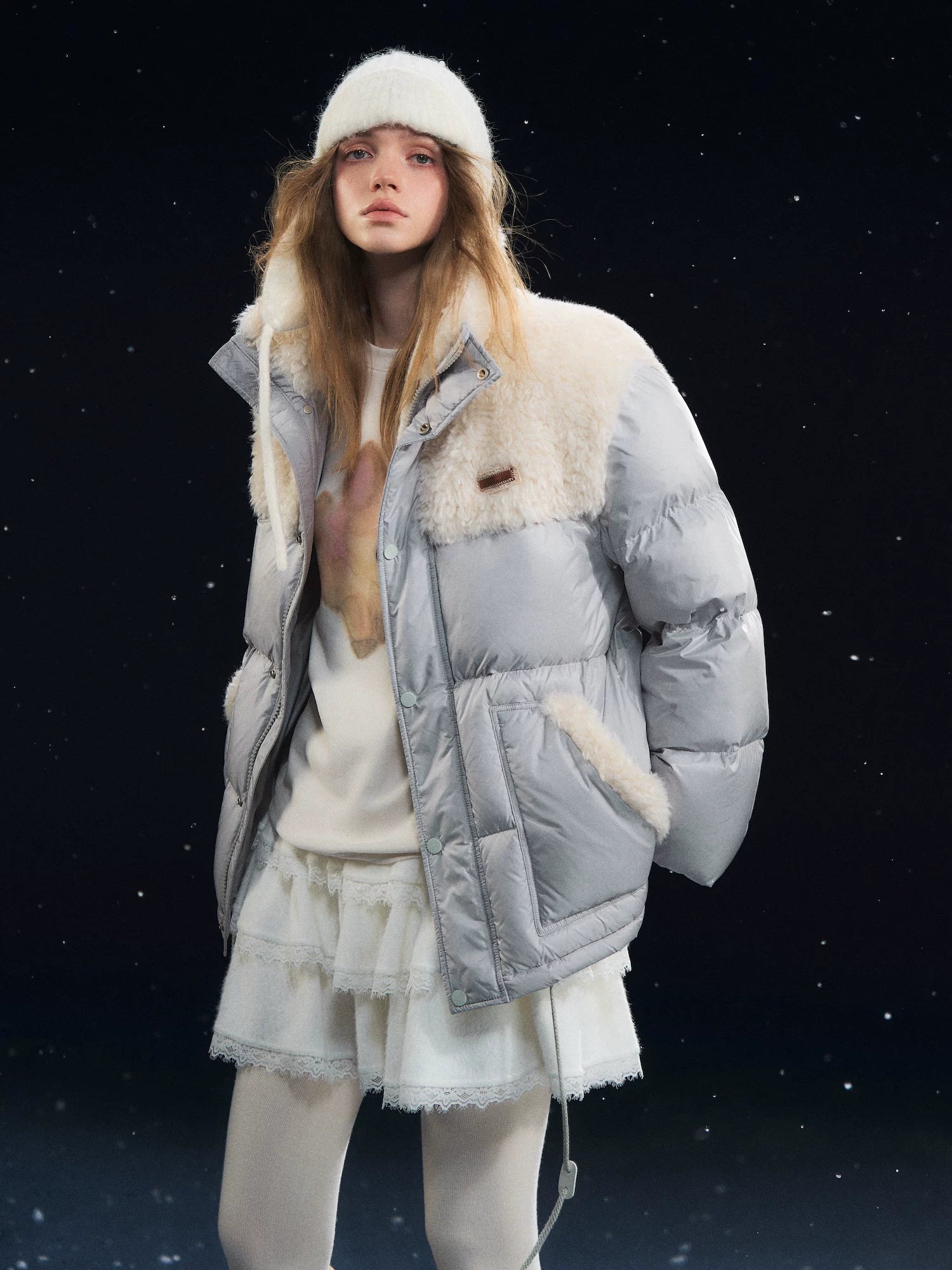 Shearling-Panel Stand-Collar Down Jacket