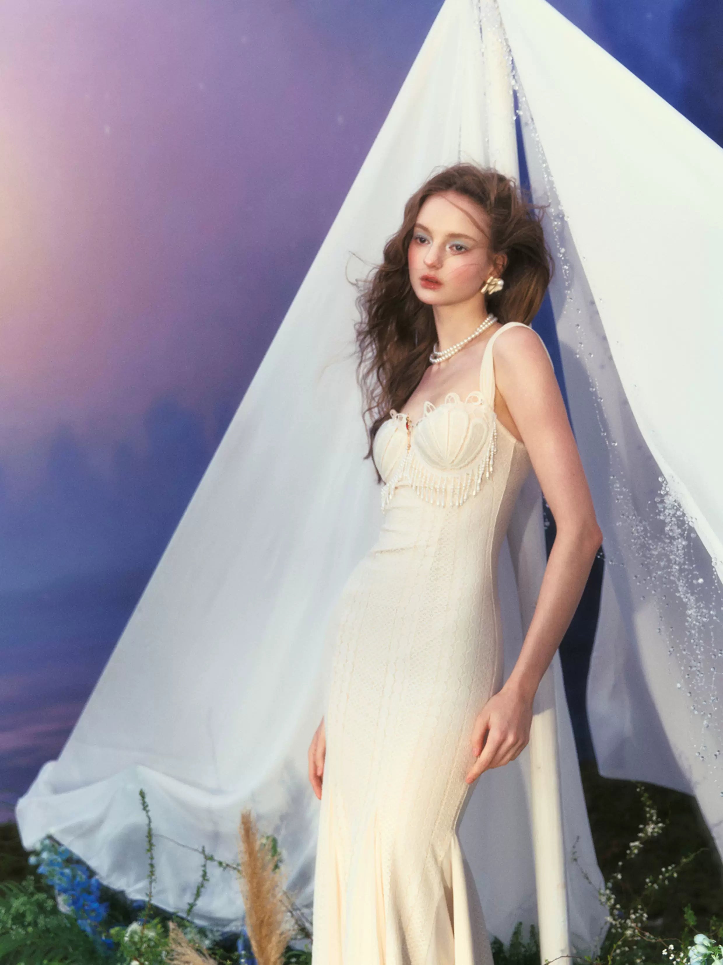 Vintage Shell-Texture Stretch Mermaid Slip Dress