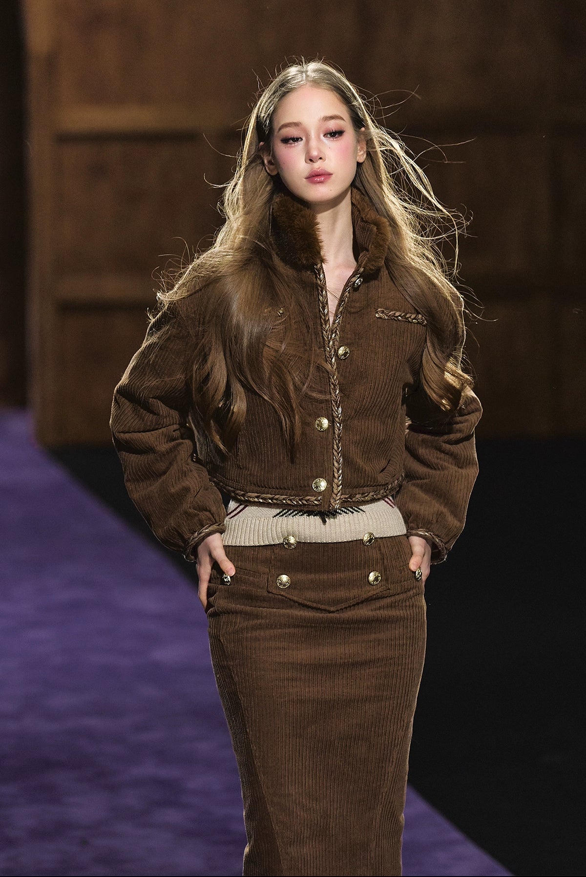Corduroy Fur-Collar Jacket & Skirt Set
