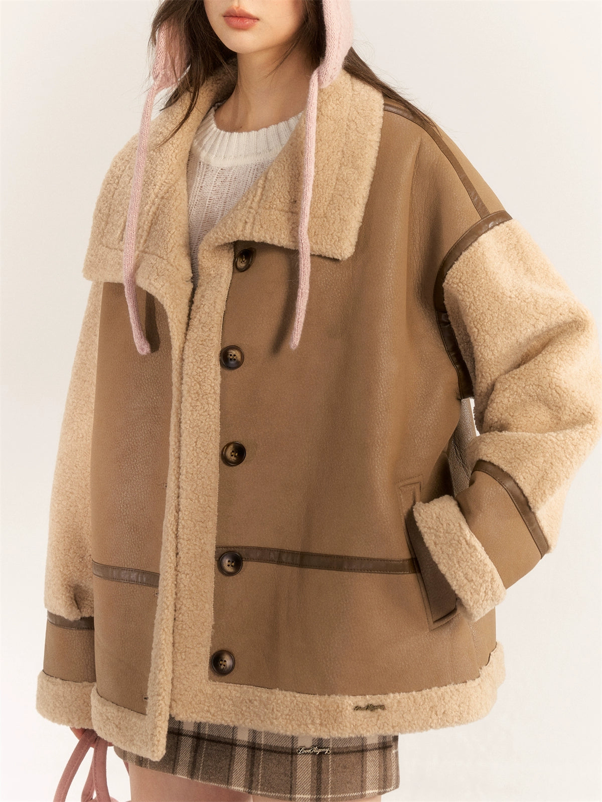 (Final Sale) Color Block & Striped Faux Lamb Wool Coat - CHINASQUAD