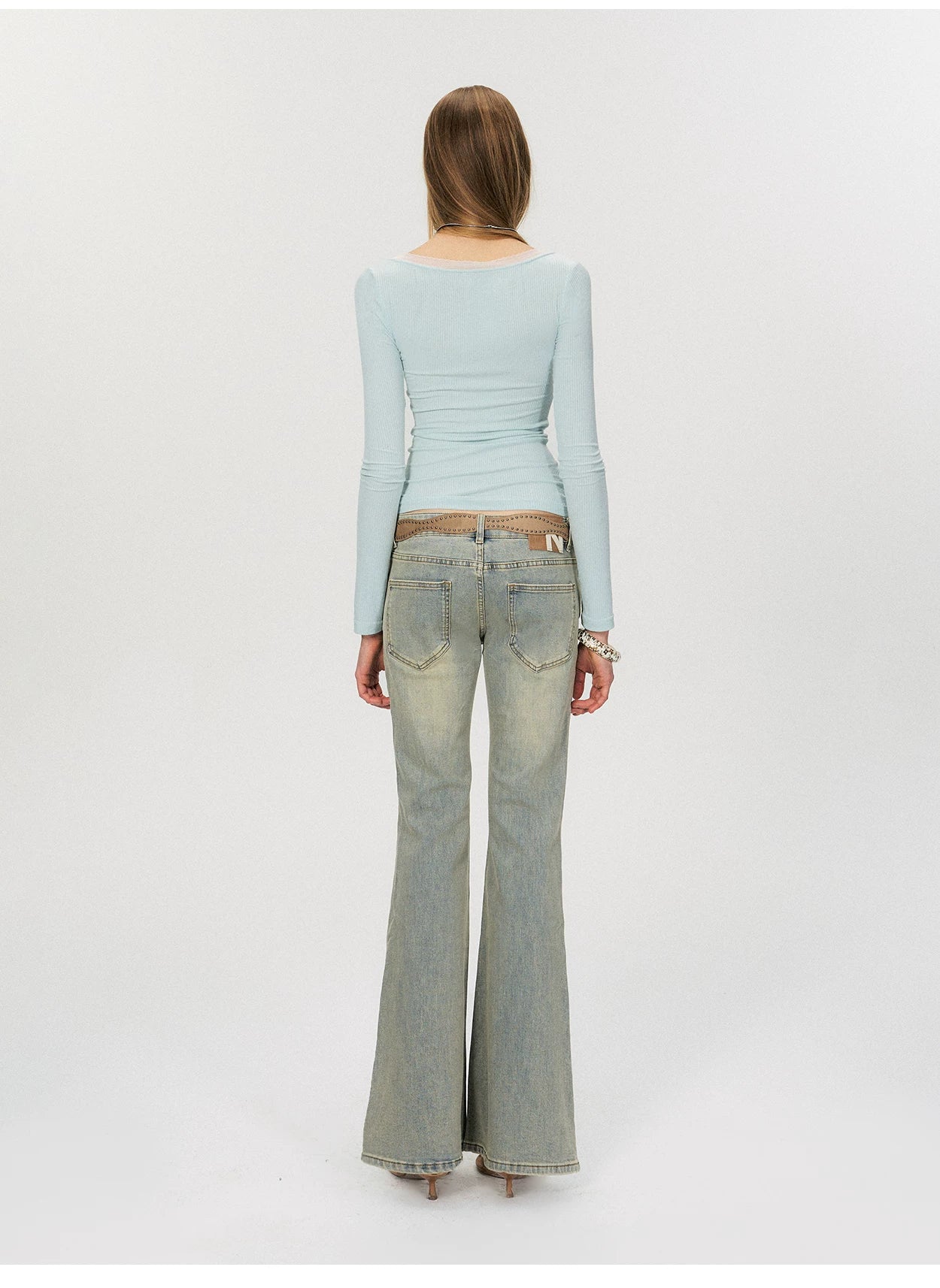 Twist-Front Mesh Panel Slim Fit Long Sleeve Top