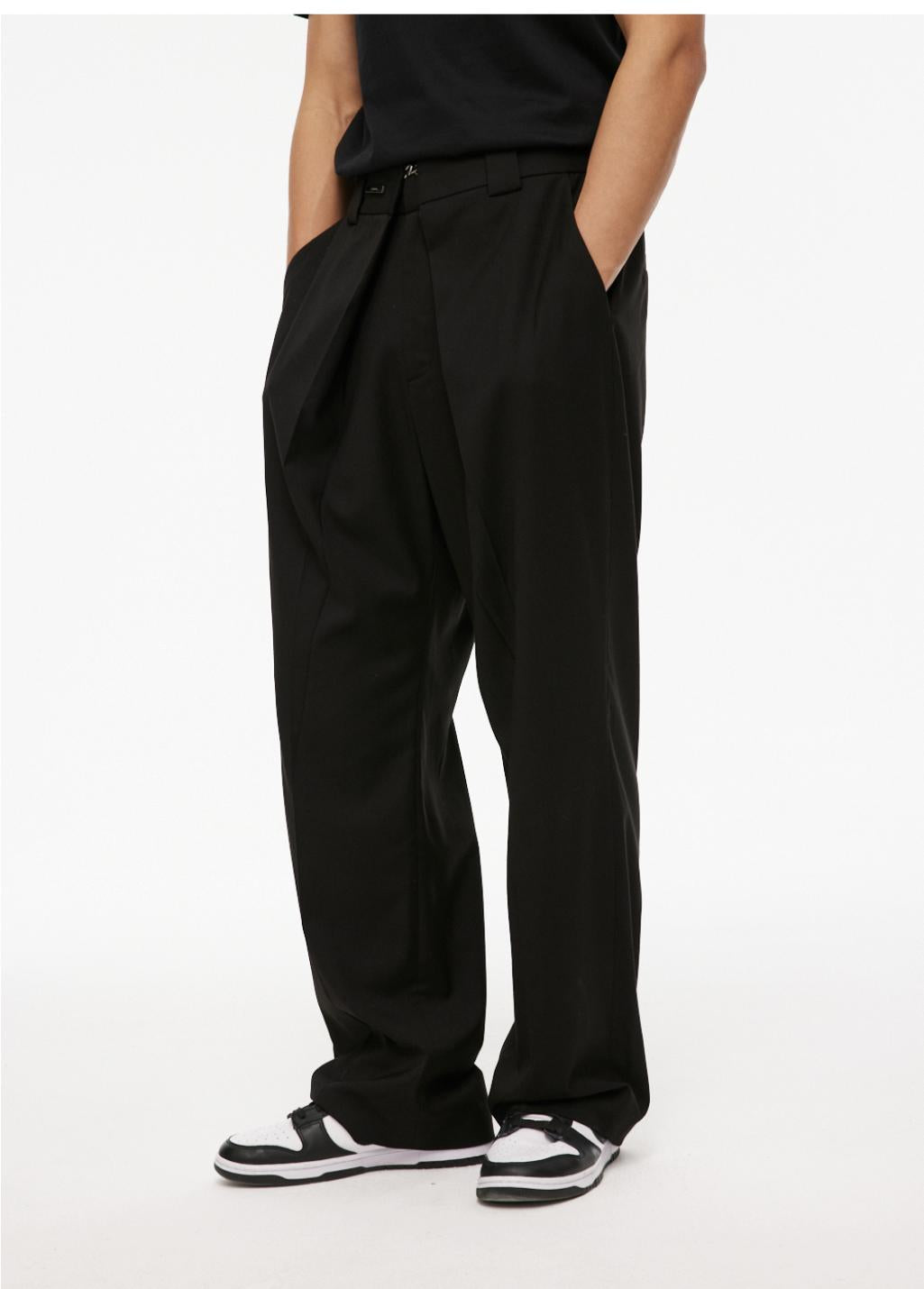 Black Fold Placket Loose Trousers - CHINASQUAD
