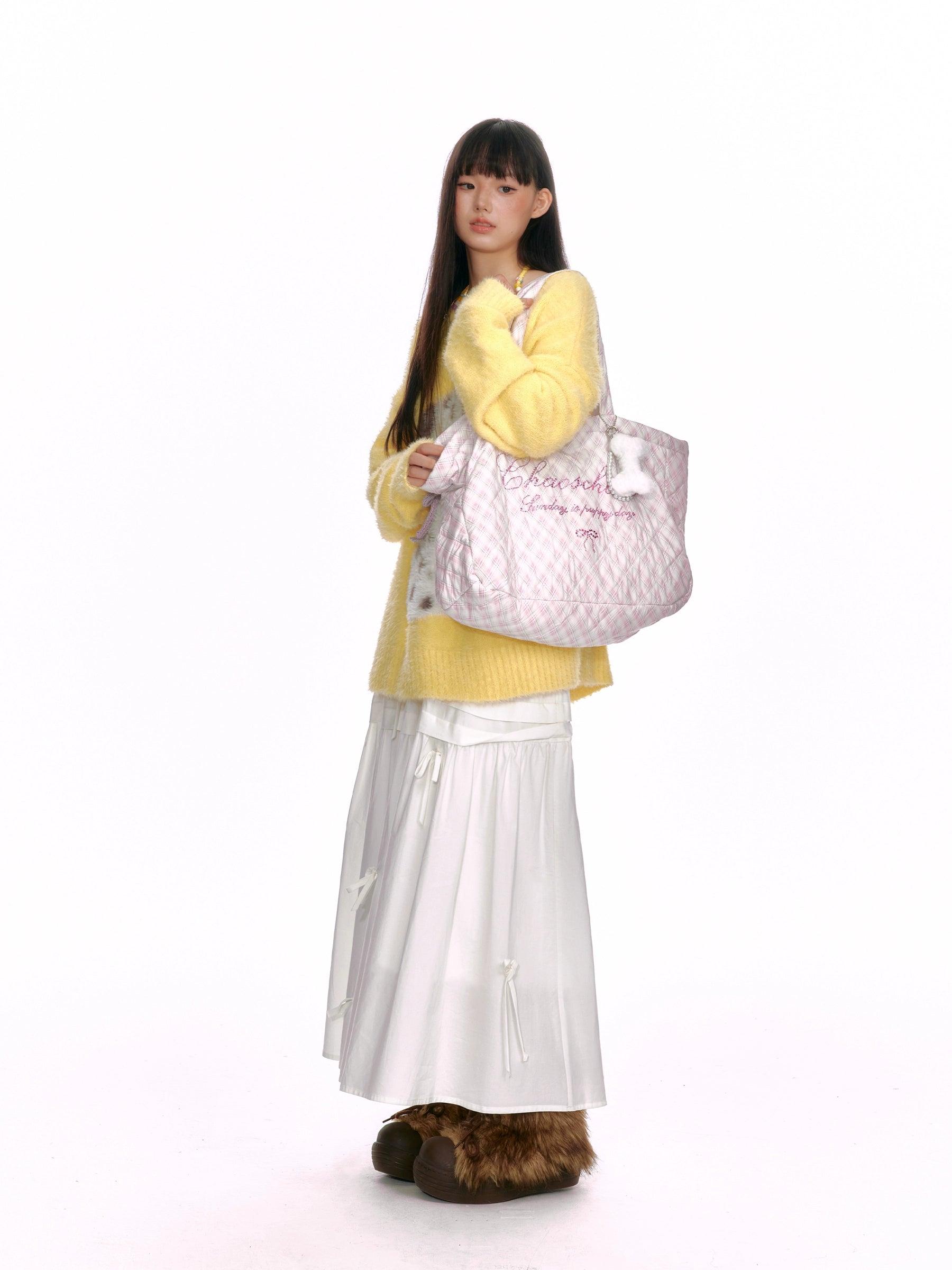 Crystal-Embellished Plaid Large Tote Bag