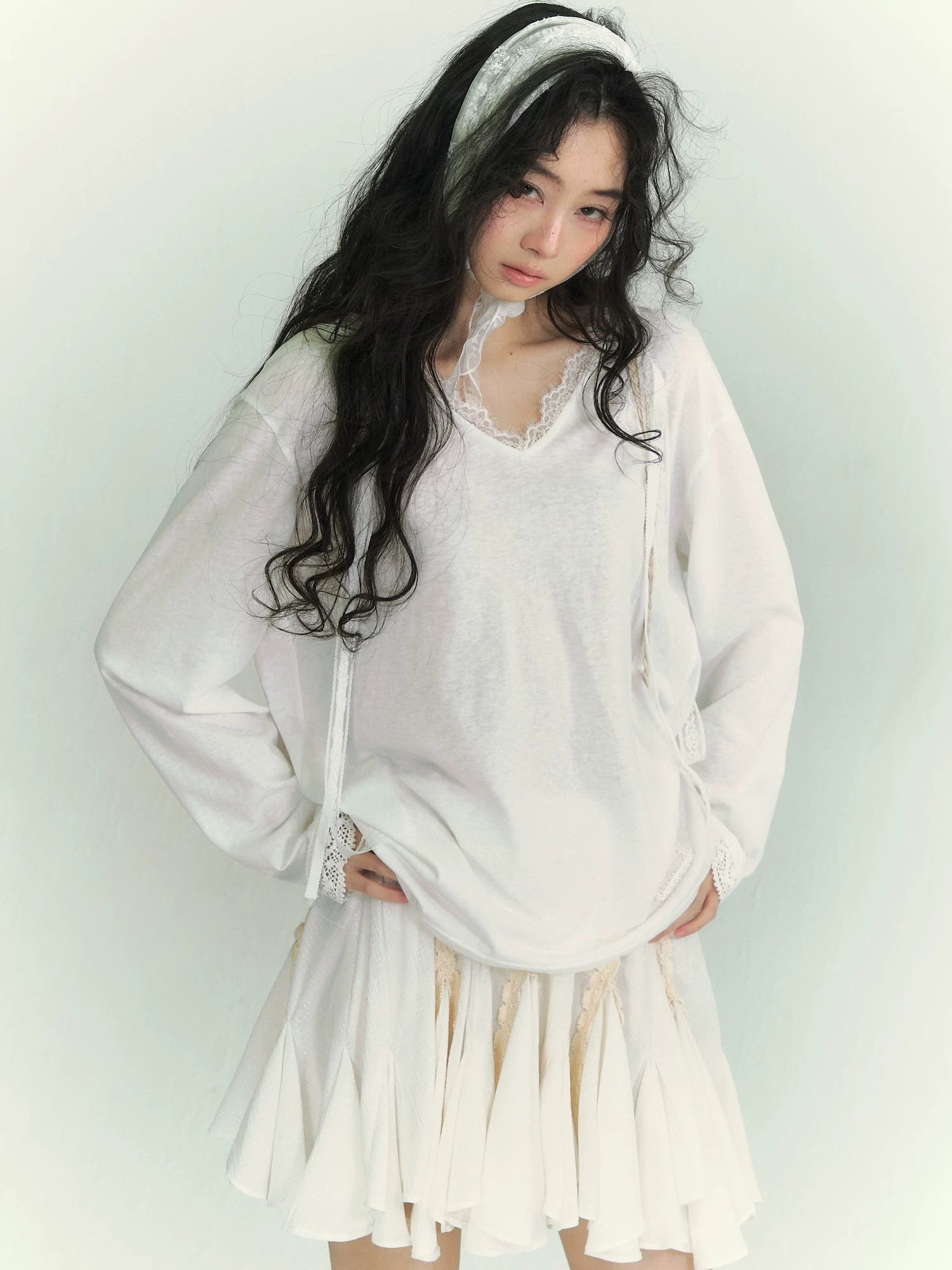 Lace Panel Tie-Detail Hooded Blouse