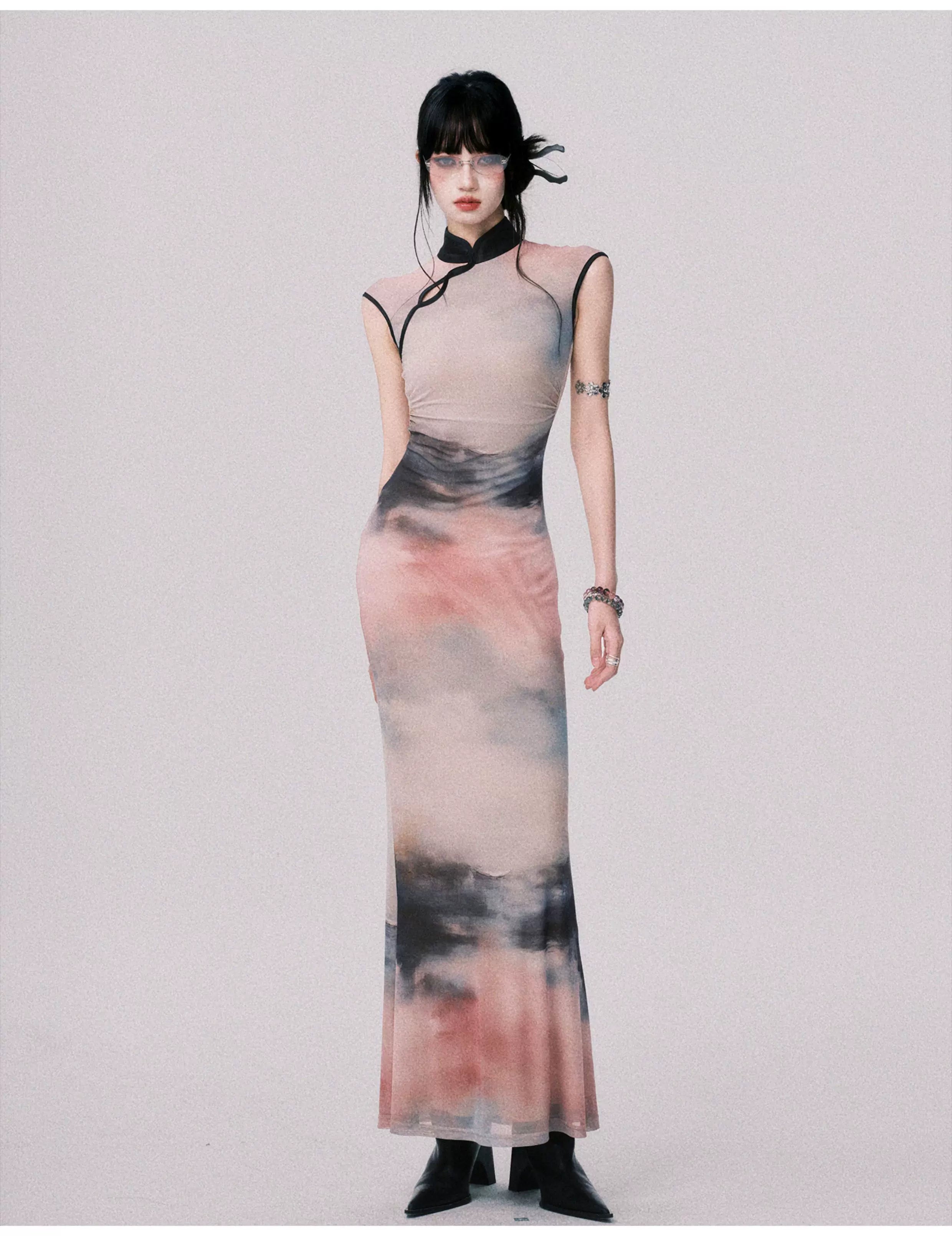 Stretch Mesh Cheongsam Maxi Dress