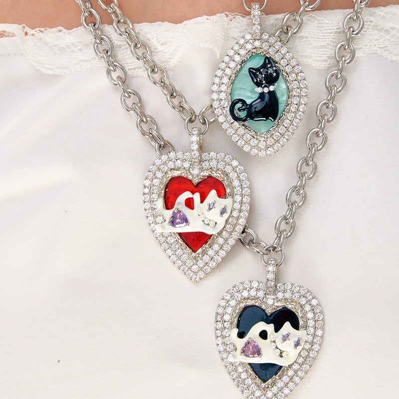 Cat Heart Enamel Pendant Necklace - CHINASQUAD