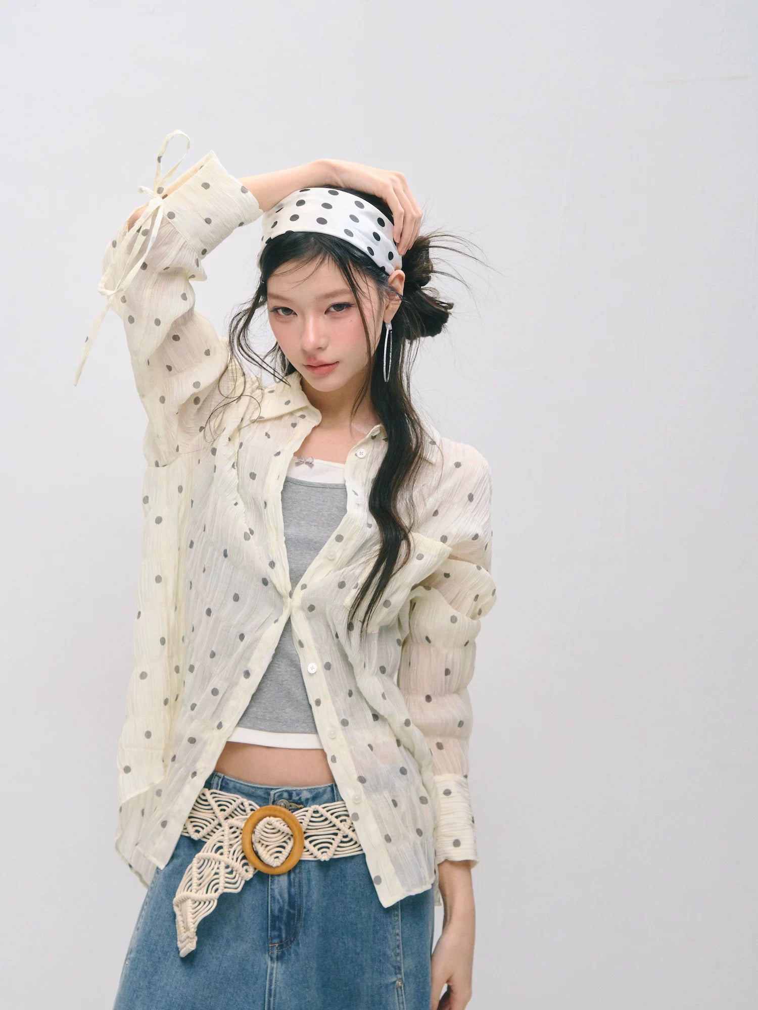 Polka Dot Textured Ruched Shirt