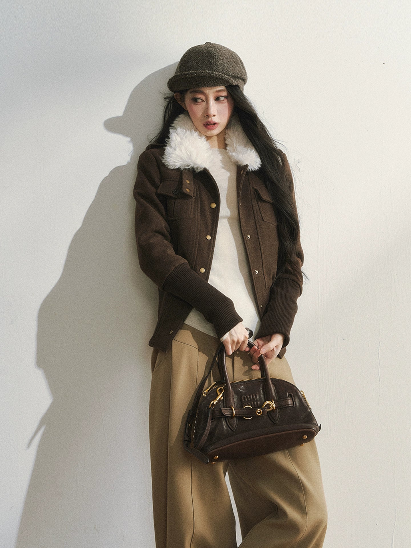 Vintage-Inspired Brown Fleece Lining Wool-Blend Jacket
