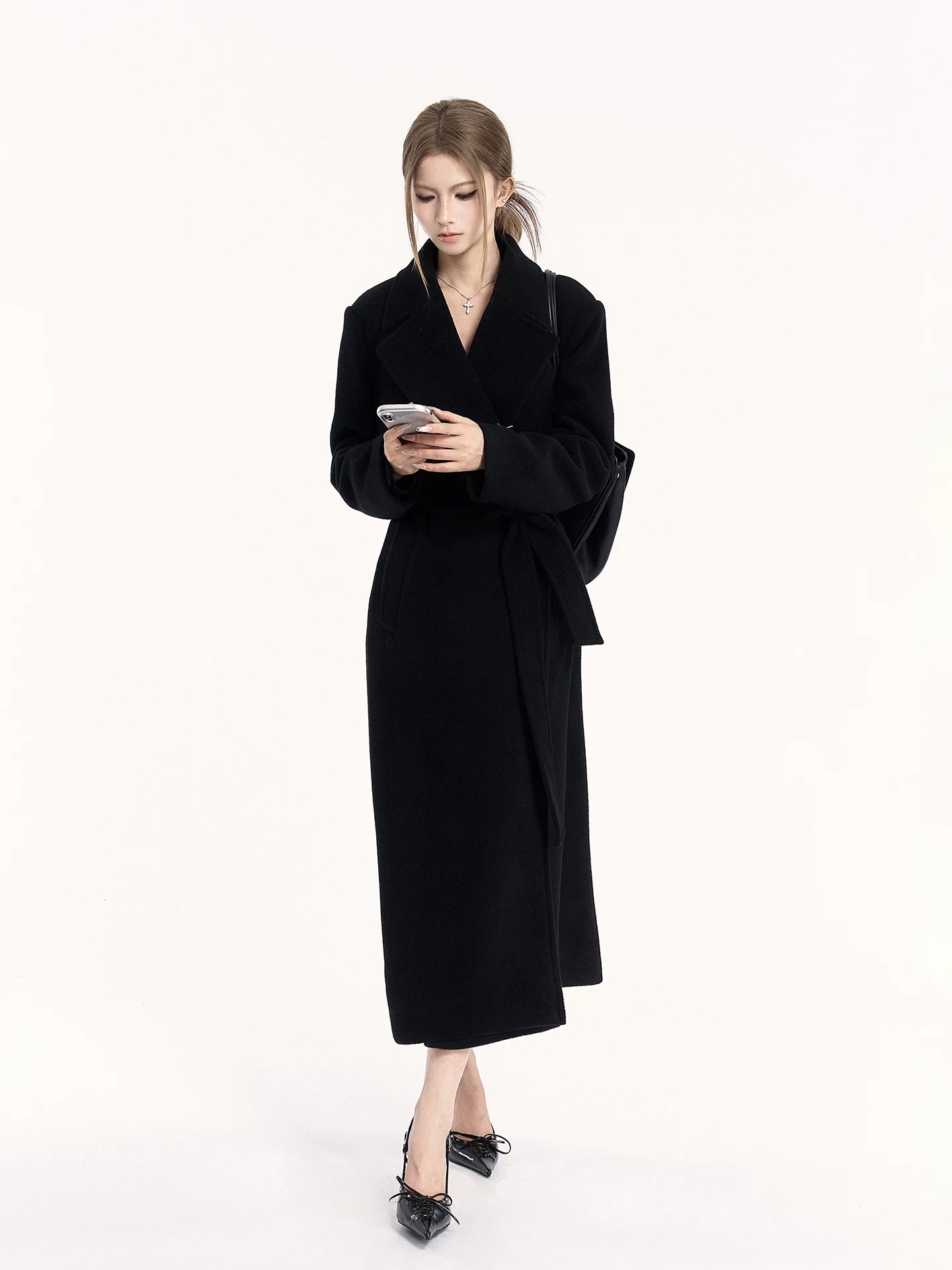 Padded-Shoulder Wool-Blend Long Coat