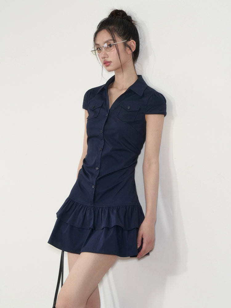 Waist-Cinching Elastic Short - Sleeve Shirt Dress - CHINASQUAD