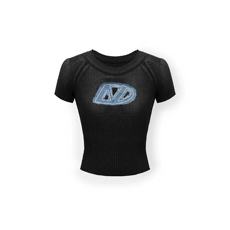 Denim Embroidered Knitted Crewneck Tee - CHINASQUAD