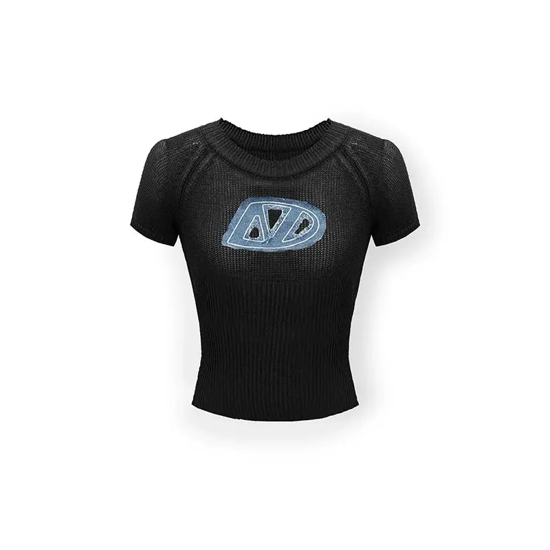 Denim Embroidered Knitted Crewneck Tee - CHINASQUAD