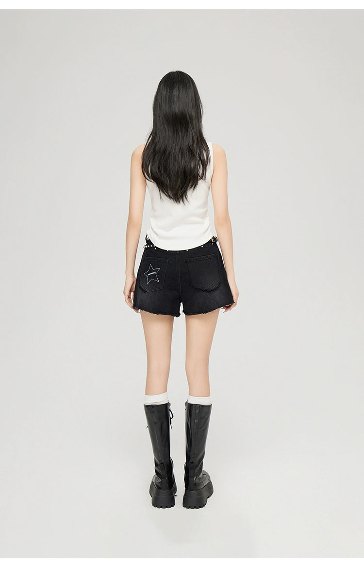 Black & Blue Frayed Denim Shorts - CHINASQUAD
