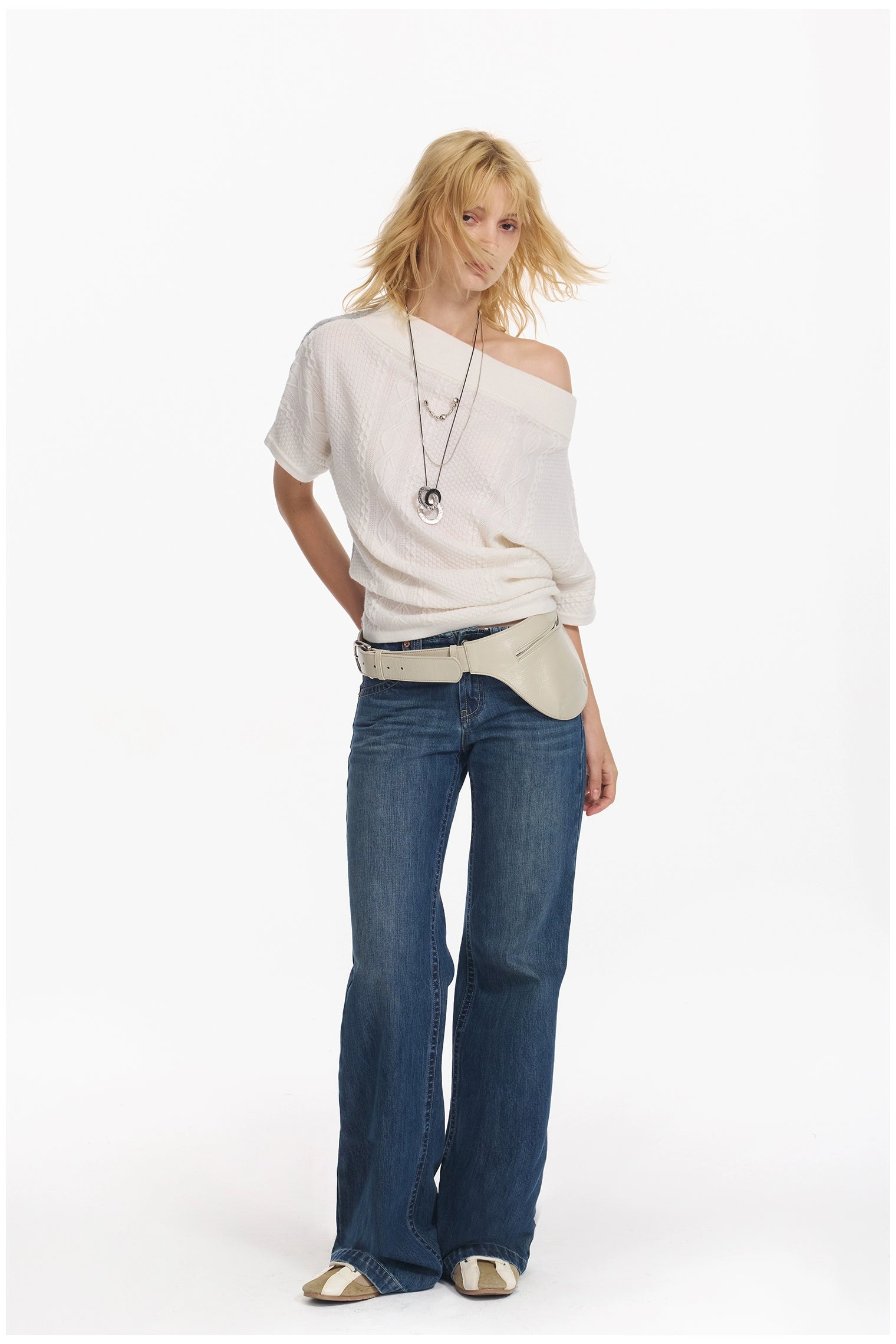 Diagonal Bat-Sleeve Knit Crewneck