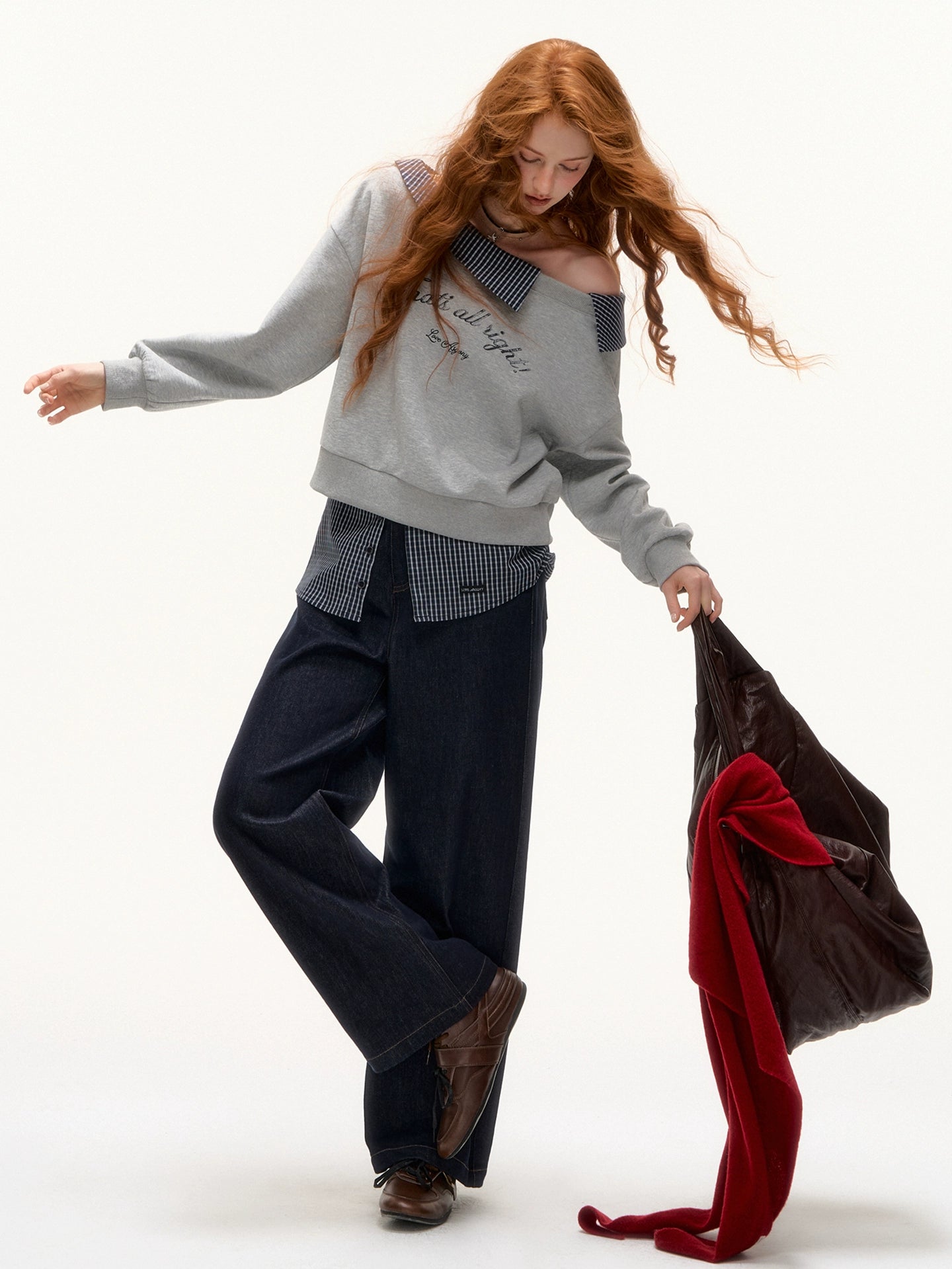 Off-Shoulder Plaid Patchwork Embroidered Sweatshirt - CHINASQUAD