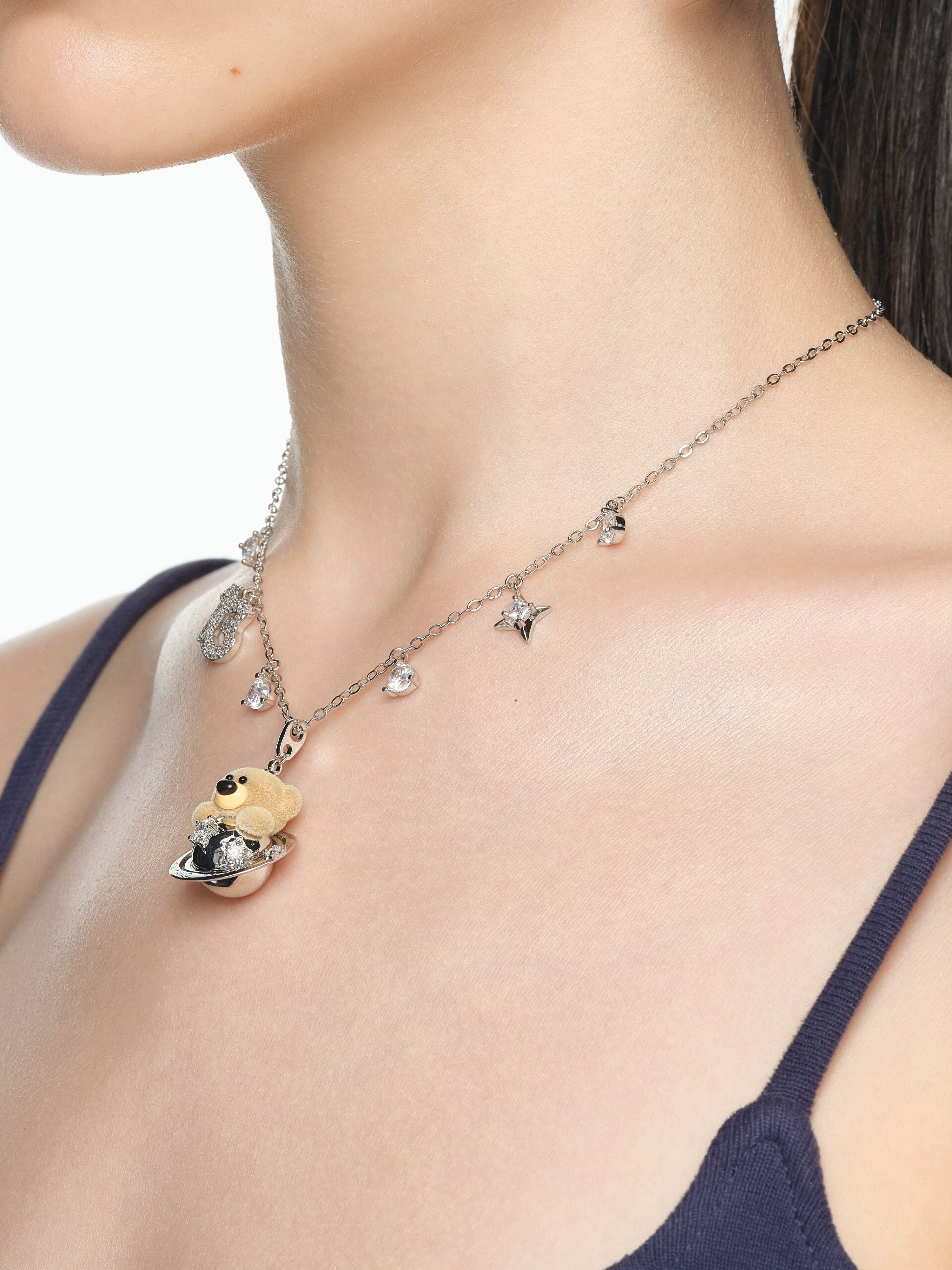 Playful Planet Flocked Bear Pendant Necklace