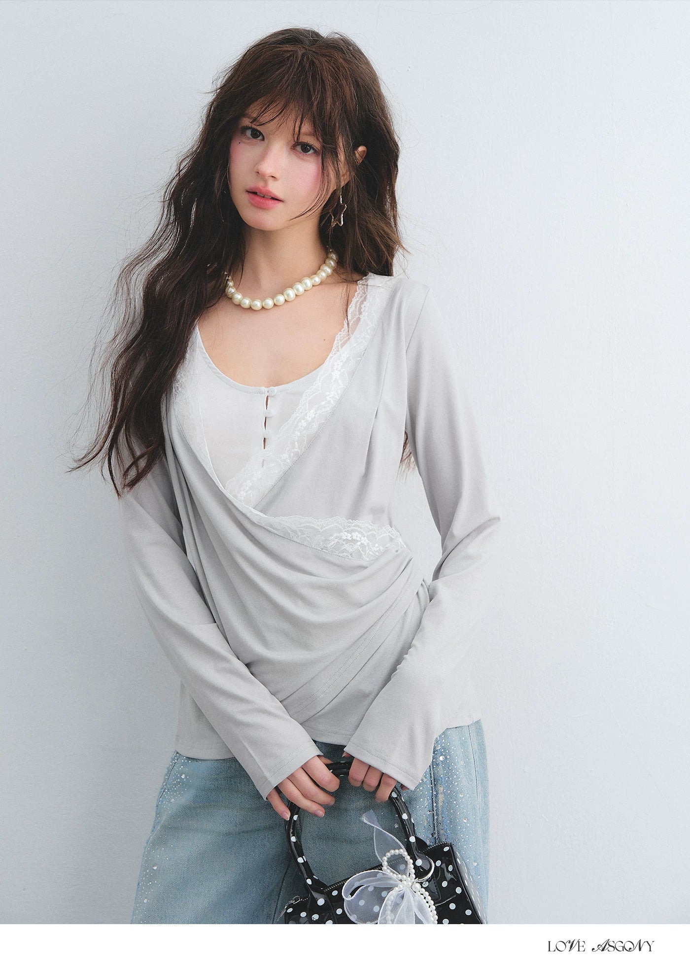 Tencel Lace Contrast Layered Cross-Drape Blouse