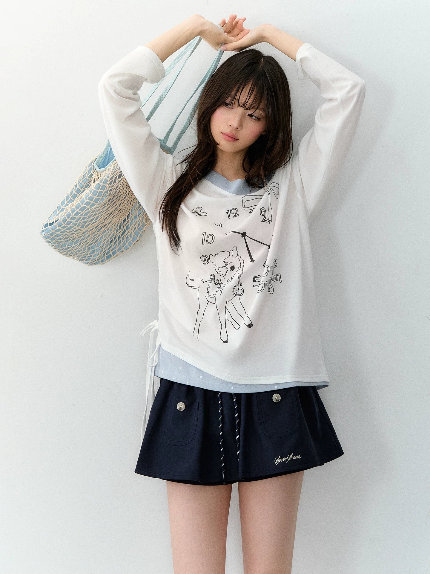Clock Print Polka Dot Relaxed Long Sleeve blouse