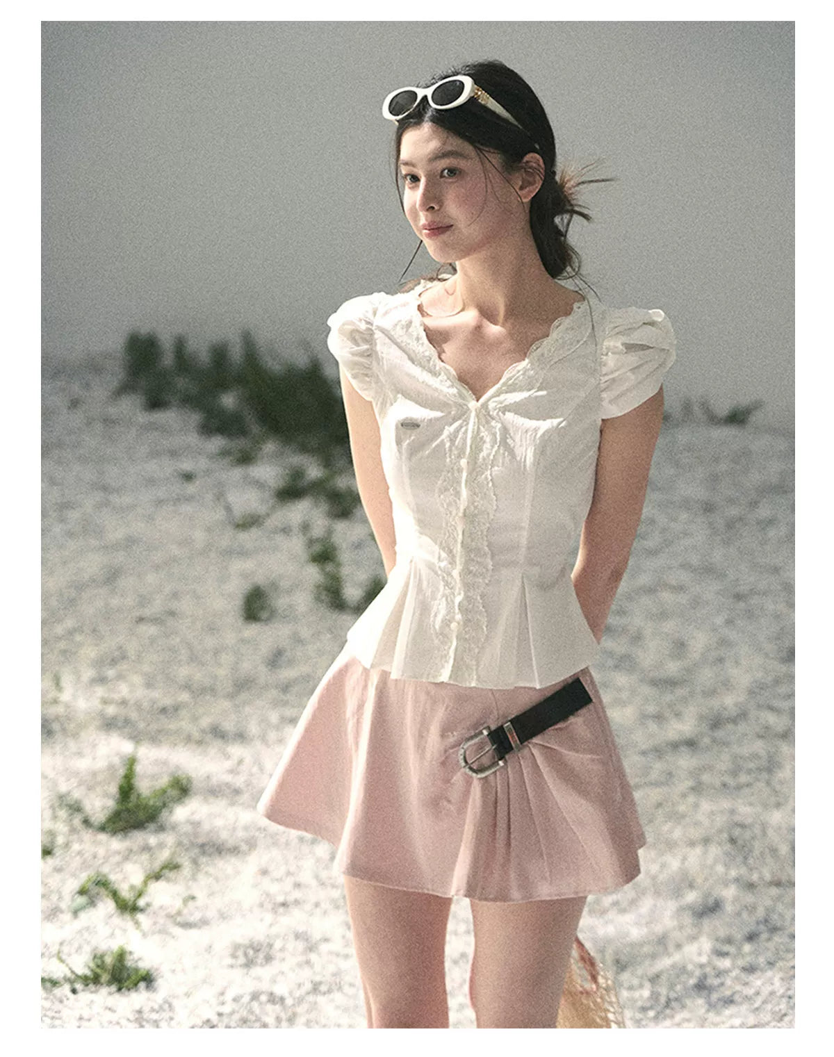 Lace Trim French V-Neck Blouse