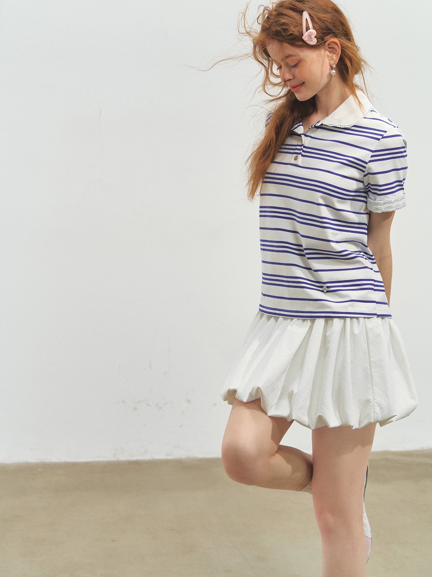 Striped Lace Short-Sleeve Polo Neck T-Shirt - CHINASQUAD