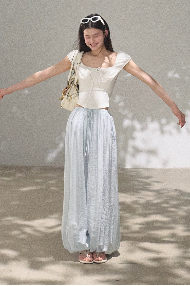 Ruched Waist Puff Sleeve Cropped T-shirt