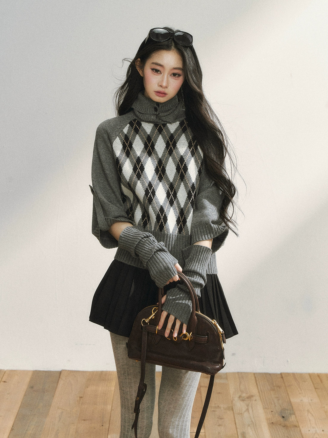 Vintage Argyle Knit Turtleneck Sweater & Skirt Set
