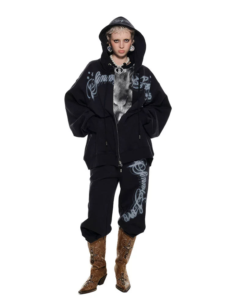 Spray-painted Letter Print Loose Zip-up Hoodie - CHINASQUAD