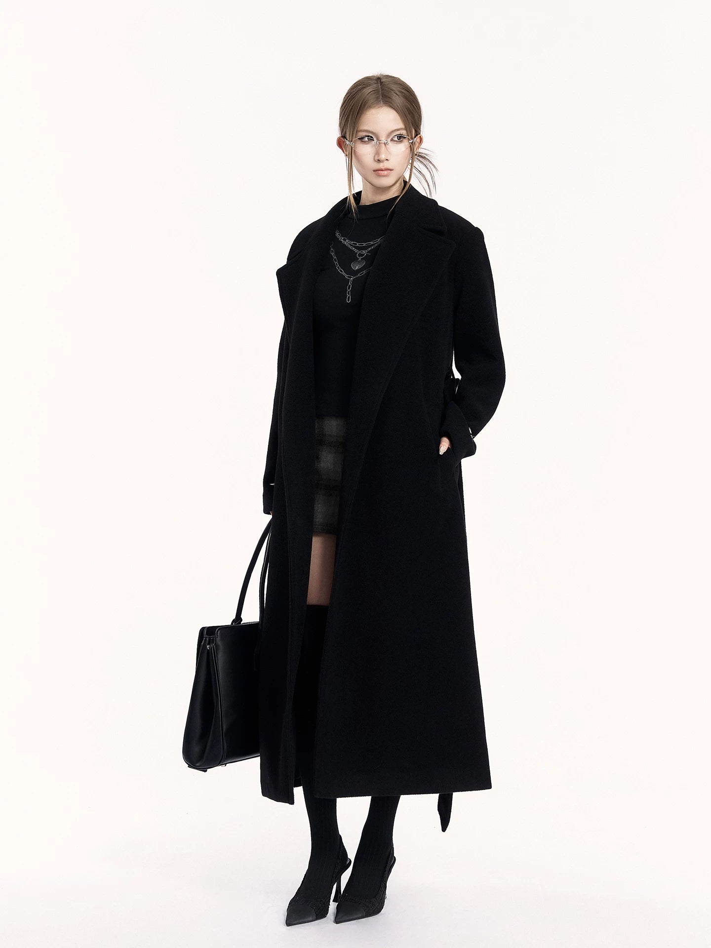Padded-Shoulder Wool-Blend Long Coat