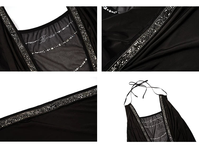 Black Draped Neck Mesh-Knit Halter Top
