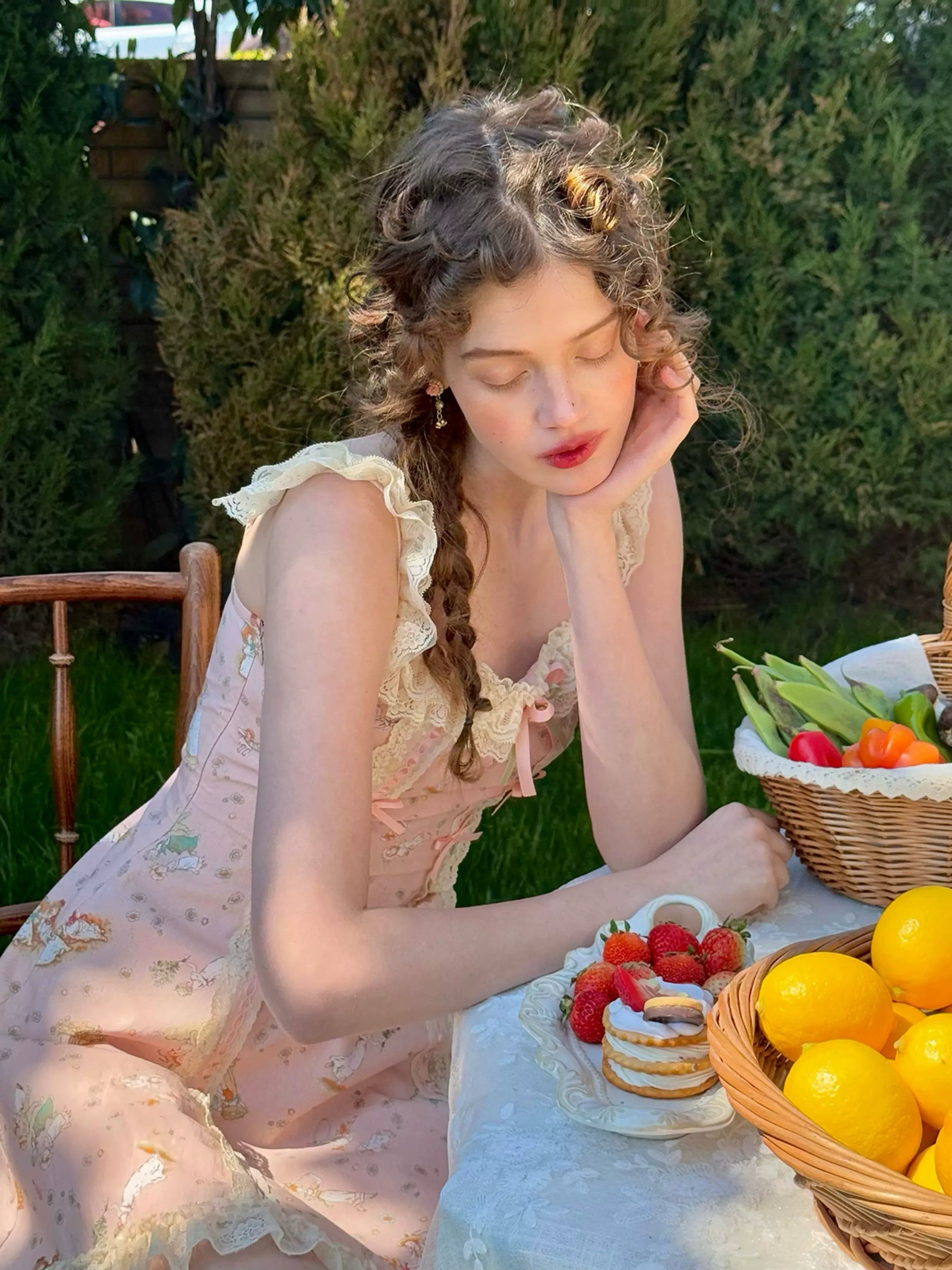 Vintage Pastoral Printed Lace Slip Dress